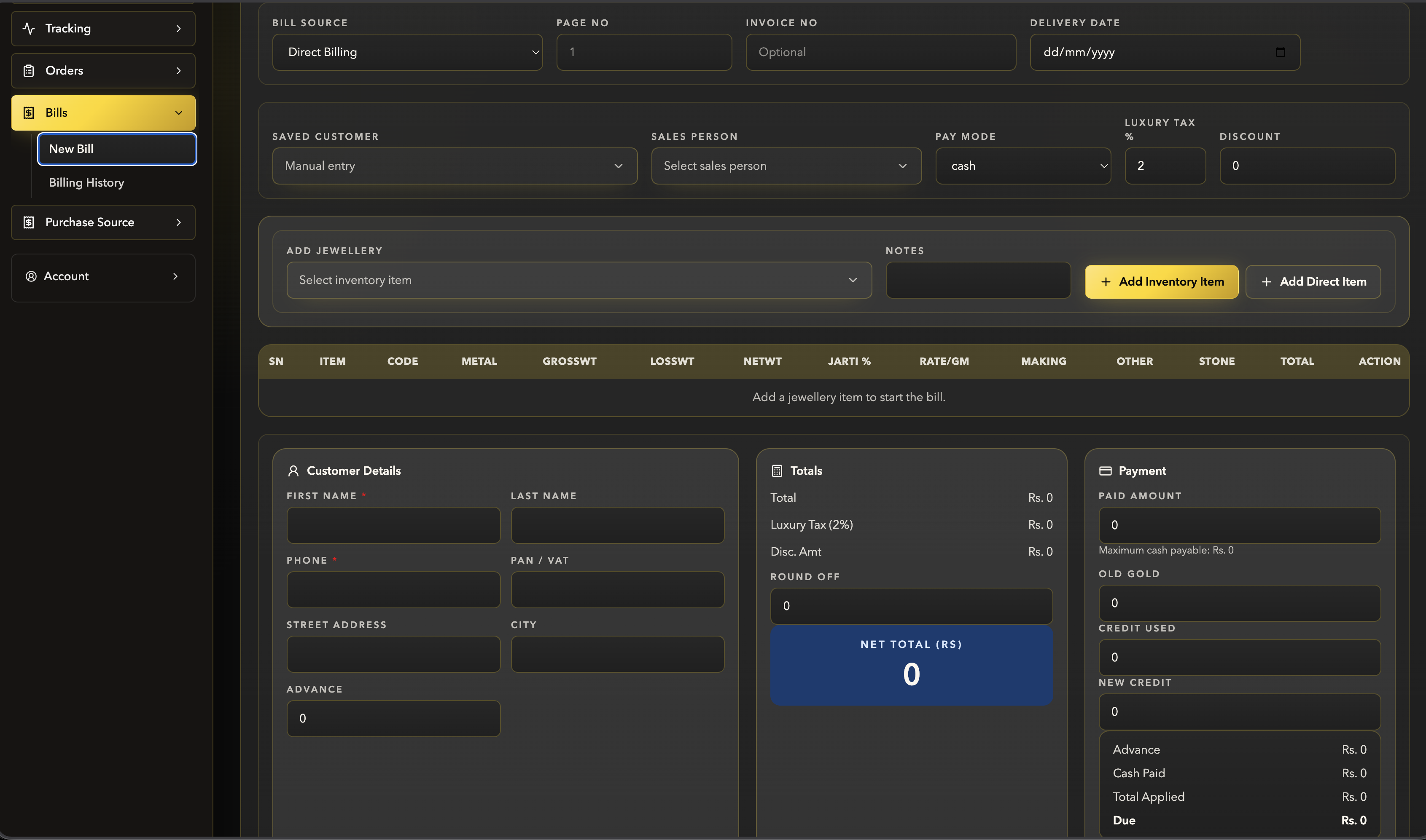 Jewel Hub billing screen with bill source, customer details, jewellery item table, totals, and payment panel